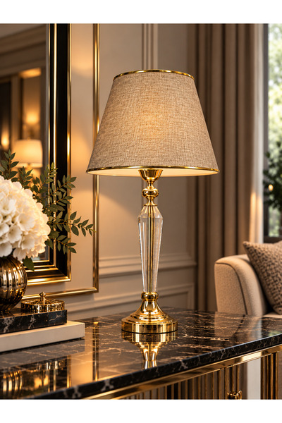 Lampada Amore Gold Kristal Metal Abajur - Gold Şeritli Hasır