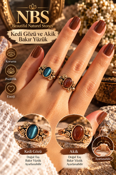 NBS Beautiful Naturel Stones SAF Bakır 2 Adet Ayarlanabilir Yüzük Kombin Akik...