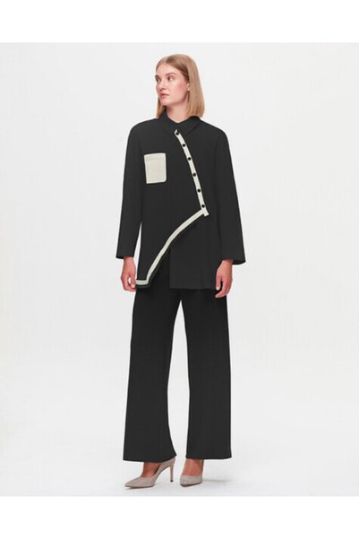 MISS DALIDA T25K-3006 Triko Detaylı Asimetrik Kesim Poplin Gömlek BLACK