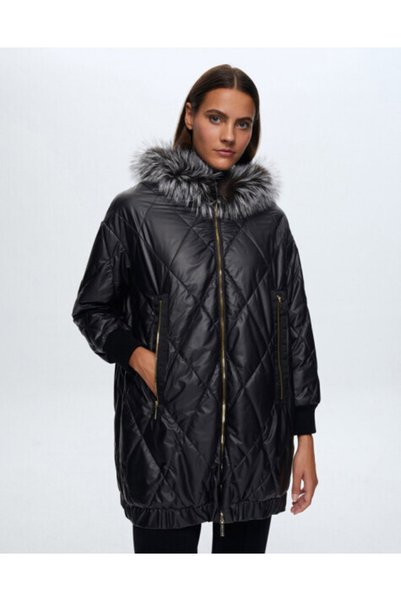 MISS DALIDA T24K-8015 Baklava Dilimli Kürklü Mont BLACK