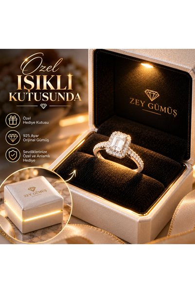 ZEY GÜMÜŞ Işikli Kutuda Pirlanta Işiltili Kadin Gümüş Baget Yüzük
