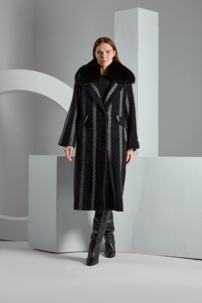 MISS DALIDA T23K-8003 Kürk Yaka Yumoş Manto BLACK PONGO-VİOLET