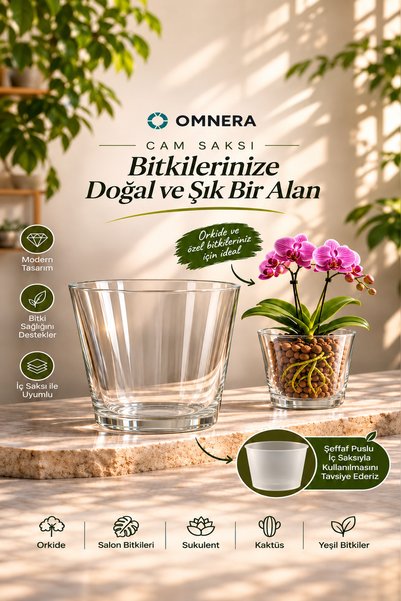 OMNERA Şeffaf Cam Orkide Saksısı – Dekoratif Cam Vazo, Orkide ve Salon Bitkil...