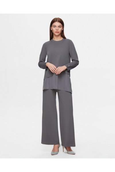 MISS DALIDA T25Y-6009 Etek Ucu Cupro Asimetrik Kesim Triko Tunik 1318-ANTHRACITE