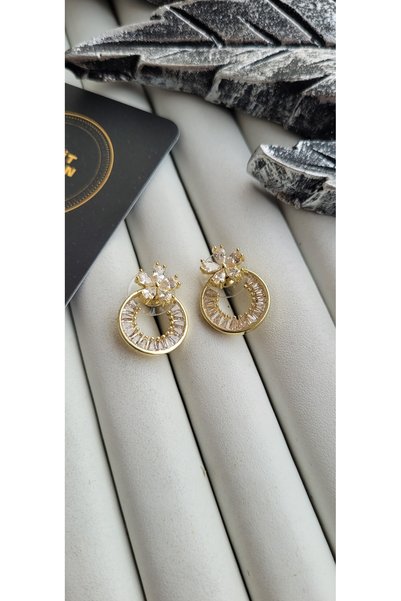 YİĞİTKARANAKSESUAR Brass Zircon Stone Ring Model Flower Figure Women's Earrings