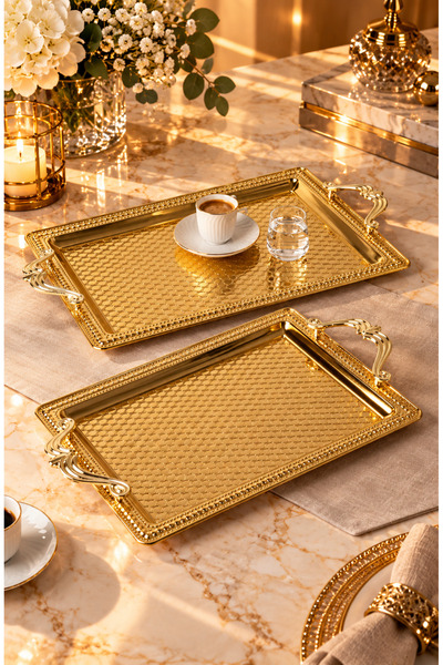 Le Paon Set of 2 Stainless Steel Gold Rectangular Trays – Patterned Serving a...