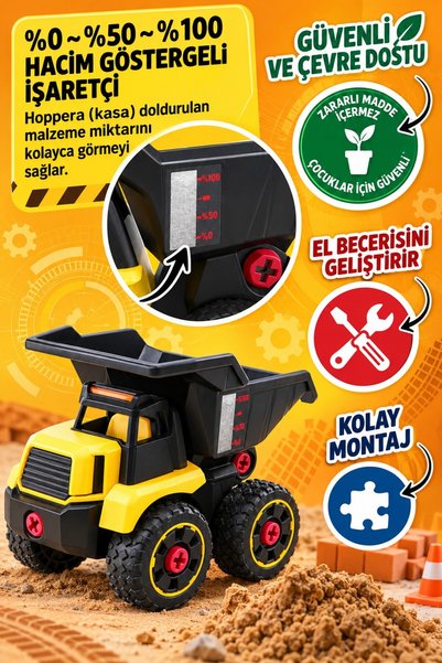TOYFEST Tak Çıkar Damperli Kamyon 24 Parça Tornavidalı Figürlü Stanley Jr. XL 19 cm
