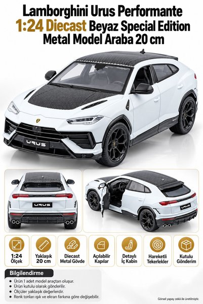 TOYFEST Lamborghini Urus Performante 1:24 Diecast Beyaz Special Edition Metal Model Araba 20 cm