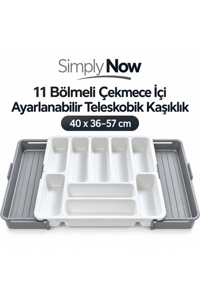 Simply Now 11-Compartment Drawer Cutlery Holder with Double Wings, Telescopic and Adjustable, 40 X 36–57 Cm, Gray Wings