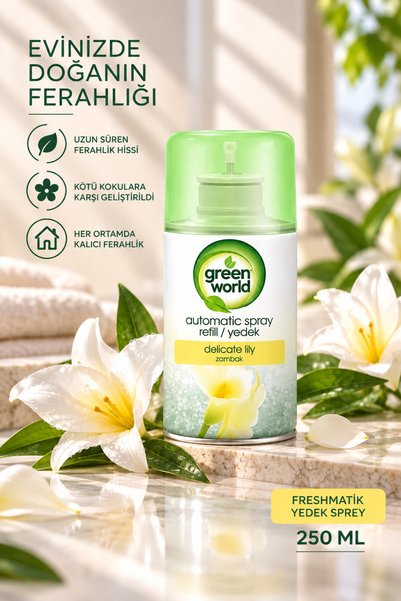 Green World Narin Zambak Makine Spreyi 250 ml Freshmatik makinelere uyumlu