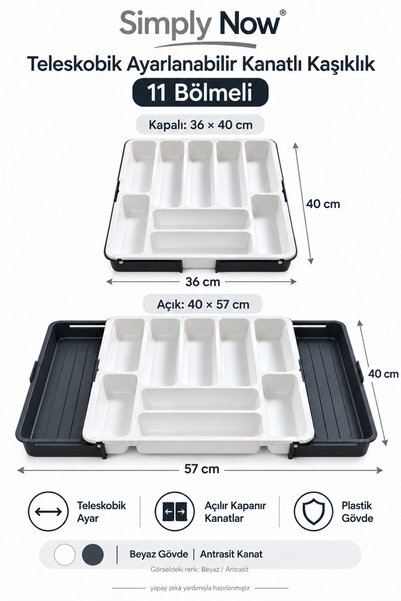 Simply Now 11-Compartment Drawer Cutlery Holder with Double Wings, Telescopic and Adjustable, 40 X 36–57 Cm, Anthracite Wings