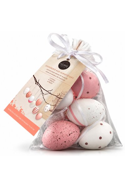 Home Set de 8 ouă decorative de Paște – Roz pastel și alb, din plastic, 4 x 6 cm