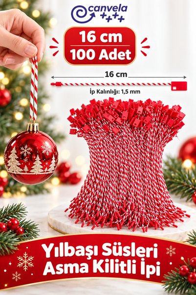 CANVELA Yılbaşı Süsleri Asma İpi Kırmızı Beyaz Kilitli İp Renkli Etiket Bağla...