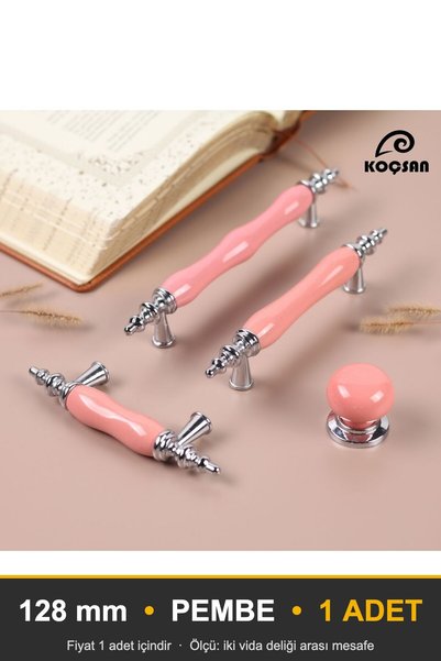 KOÇSAN Asos Pembe Porselen 128 Mm Kulp Lüks Country Mutfak Mobilya Dolap Çekm...