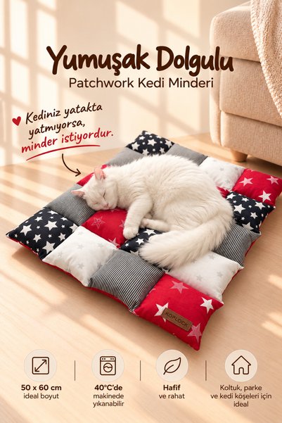 KOPLOCK Kedi Minderi– 50x60 cm Yumuşak Dolgulu Tasarım Patchwork Kedi Yatağı