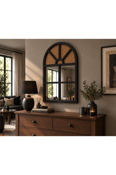 Phellos Lake Siyah Rattan Ayna - Pencere Ayna - Hazeran Boho Ayna