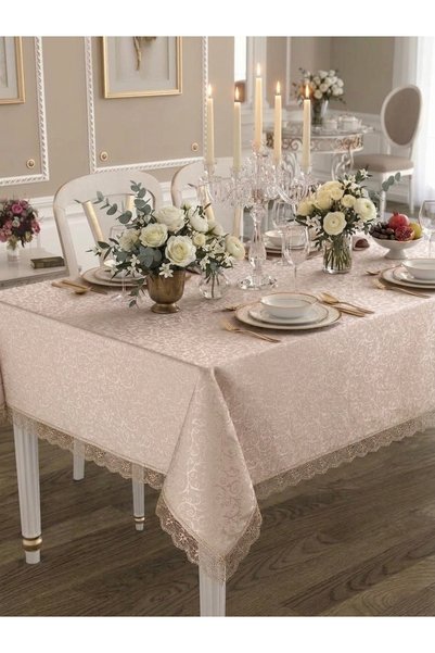 DENİZLİ ÇEYİZ مفرش طاولة طعام لاسي بيج 160x220