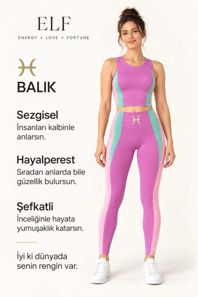 Kadın Spor Tayt ve Crop Takım Yüksek Organik Pamuk ve Bambu 2 Parça Set Balık Burcu