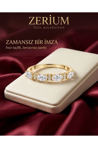 ZERİUM Trendy Women's Steel Ring with Rows of Oval-Cut Zircon Stones, Design ...