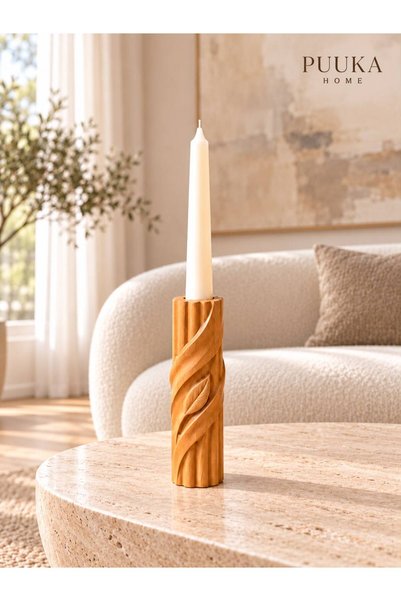 PUUKA HOME Masif Ahşap Şamdan – Spiral Yaprak Kabartmalı Özel Tasarım Dekorat...