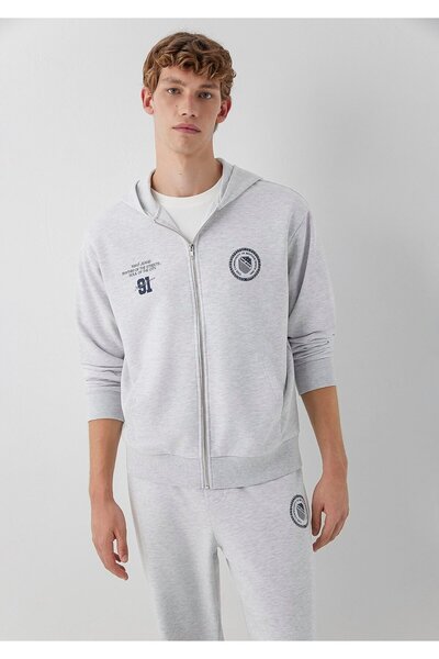 Mavi Logo Baskılı Kapüşonlu Fermuarlı Gri Sweatshirt 0S10682-80196