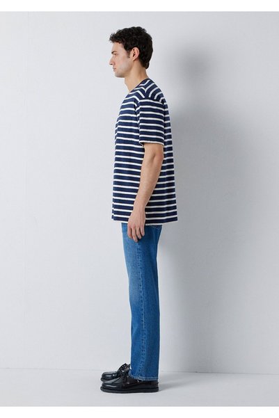 Mavi Çizgili Lacivert Tişört Loose Fit / Bol Rahat Kesim 0613516-70490