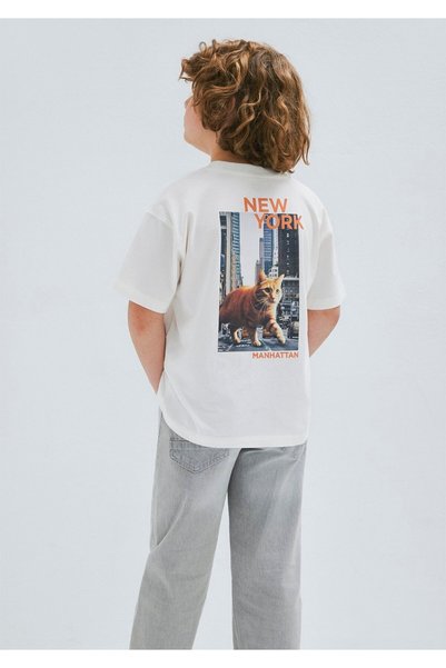 Mavi Kedi Sırt Printed Ecru T-Shirt Oversized / Wide Cut 6610408-70057
