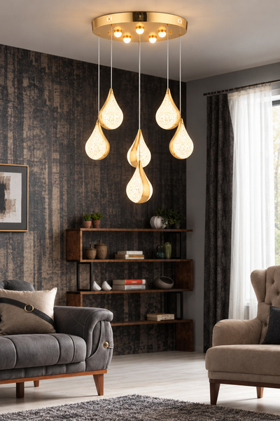 Apliqa Biana 6'lı Yuvarlak Gold Damla Başlıklı Modern Salon Led Salon Avize