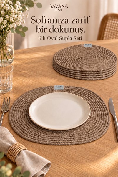Savana Haze 6’lı Oval Örgü Supla Takımı – Yemek Masası Seti - Runner & Amerik...
