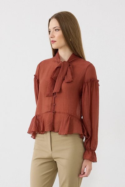 Gusto Tencel Blouse with Tie Collar and Ruffles - Tile