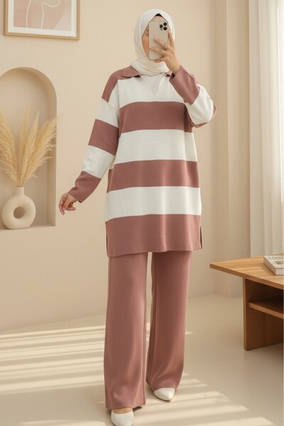 HİJABAYA V-Neck Striped Long Sleeve Hijab Knitwear Set with Trousers - Dusty ...