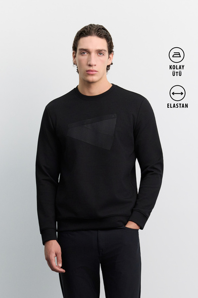 Avva Erkek Siyah Bisiklet Yaka Baskılı İnterlok Regular Fit Sweatshirt A62Y1284