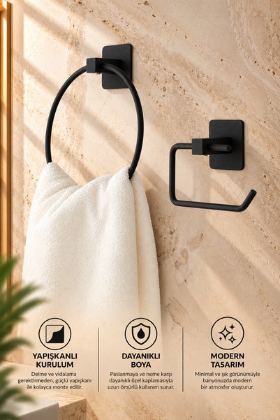 ERFAHOME Black Square Adhesive Ring Towel Holder / Open Toilet Paper Holder 2...
