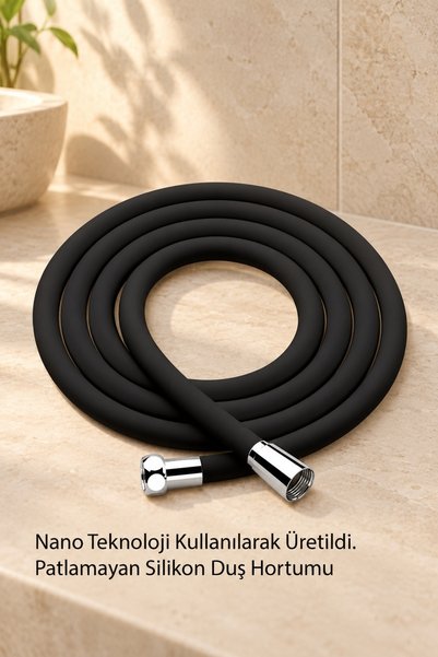 KUSTAR Nano Silikon Patlamaz Yırtılmaz Ezilmez Duş Hortumu 150 cm Siyah Banyo...