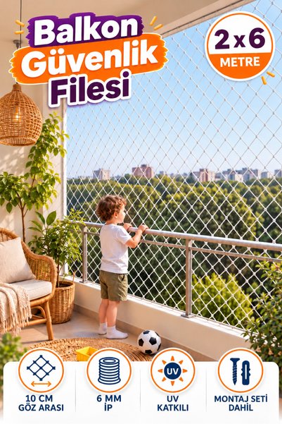 KONAK FİLE 2 METRE X 6 METRE Balkon Çocuk Güvenlik Filesi 6 MM Kalınlığında - 10X10 Koruma Merdiven İş Ağı