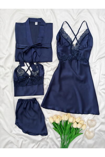 Lena Homewears طقم ملابس نوم نسائي من الساتان المزين بالدانتيل مكون من 4 قطع،...