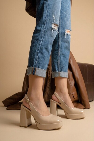 Zerenyus Zuda Premium Beige Patent Leather Platform Heel Shoes 10 cm