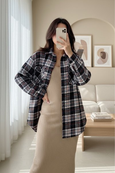 Generic Brand Oversized Checkered Raglan Sleeve Tweed Shirt with Flap Pockets - Navy Blue