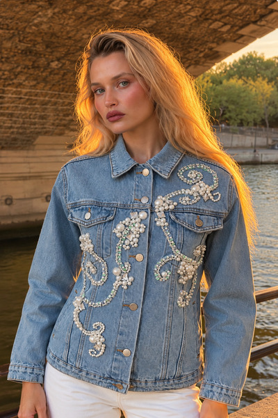 GZ Design İnci ve Kristal Taş İşlemeli Açık Renk Jean Ceket