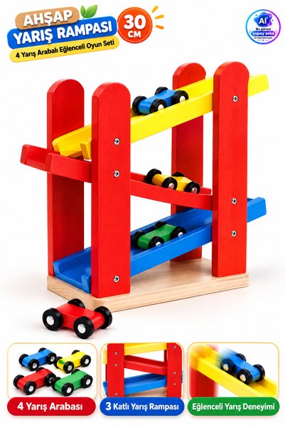 YILDIRIM OYUNCAK Wooden Race Car Play Ramp 5 Piece Wooden Parking Lot with 4 ...
