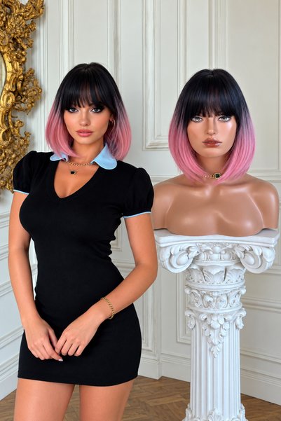 Makromehome Gerçek Saç Dokusunda Vip Sezon Siyah Pembe Ombreli Kısa Küt Perçe...
