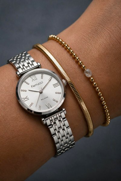 Ferrucci 30 mm Silver Color Stone Detailed Metal Cord Women's Wristwatch