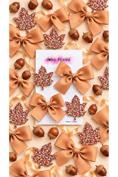 Toka Perisi Milky Brown Ribbon Bow with Glitter Leaves, Set of 4 with Metal C...