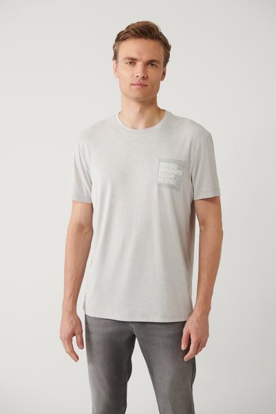 Avva Tricou pentru bărbați, gri, cu decolteu rotund, imprimat, cu atingere mo...