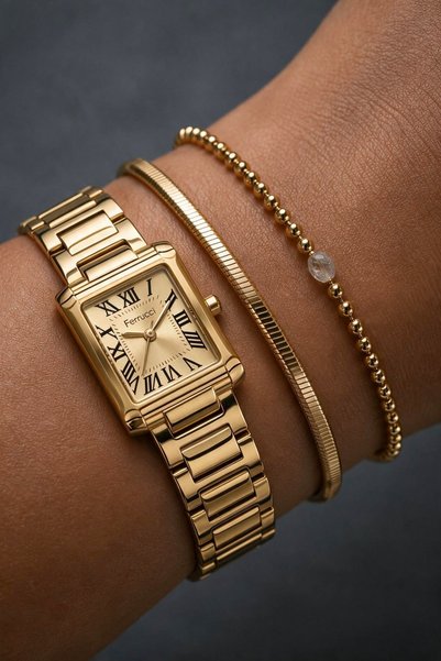 Ferrucci Roman Numeral Square Case Gold Dial Gold Color Metal Band Women Wris...