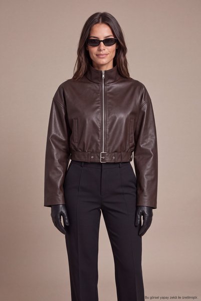 Freemen Women's Brown Leather Jacket - Belt Detailed Crop Oversize Leather Ja...