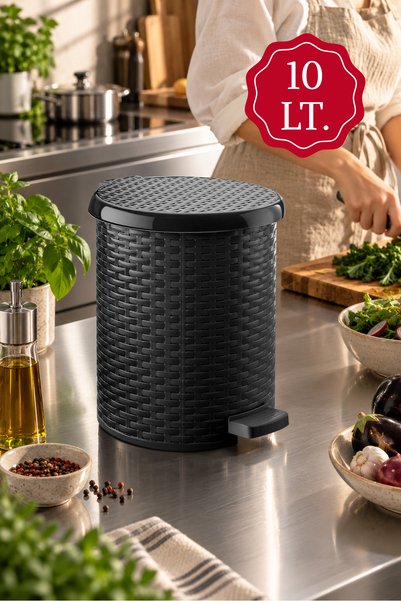 Nandy Home 10 Litre Hasır Desenli Pedallı Çöp Kovası Siyah – Yuvarlak Kapaklı...