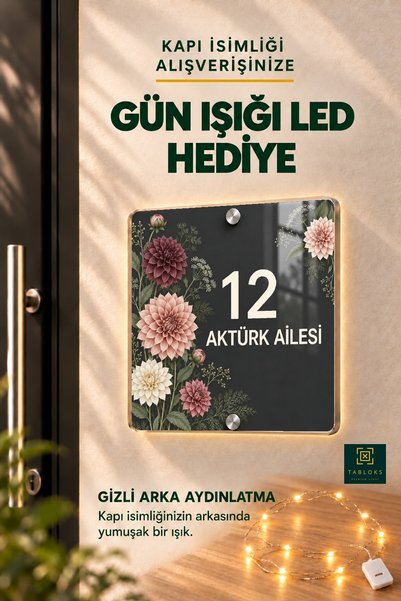 Tabloks LED Işıklı Kişiye Özel Antrasit Yıldız Çiçeği Desenli Pleksi Kapı İsi...