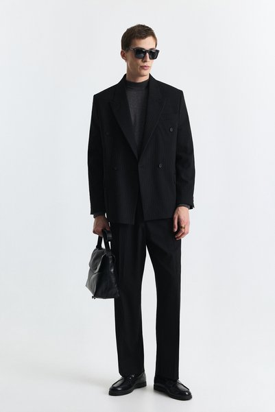 Antioch Black Relaxed Fit Striped Men's Suit