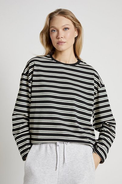 armalife 8954 BİS YAKA ÇİZGİLİ UZUN KOL KADIN T-SHIRT